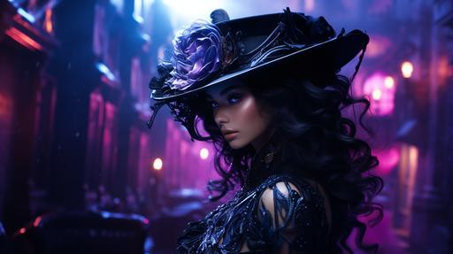 neon Victorian steampunk girl long black hair, purple, Silver, black, Masquerade mask, in the style of beauty and the beast, in the style of futuristic glamour, rendered in cinema4d, rococo-inspired art, detailed character illustrations, unreal engine 5, aerial photography, bold and busy, stock videos & royaltyfree footage, in the style of light gold and light amber, bokeh panorama, gloomcore, photo taken with fujifilm superia, everyday life depiction, fawncore --ar 16:9 --s 250