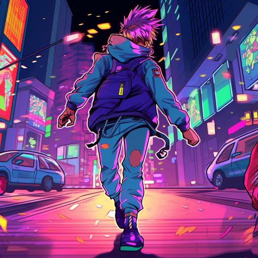 neon-drenched anime drawing of a young man running on a busy street. There are retro inspired pacman characters and modern-day emoticons hovering in the background. He is wearing editorial fashionable clothes. The backdrop is a neon cyberpunk city, niji 5, aspect ratio 6:4