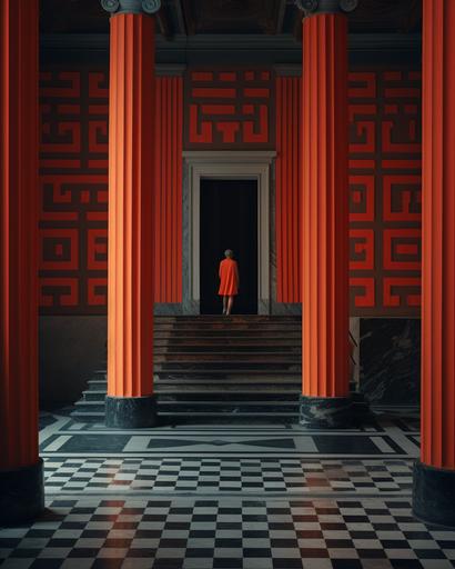 neon etruscan motif pattern walls and corrugated roman grand pillars inside a royal palace in rome by Alex Strohl, minimal male figures --ar 4:5 --stylize 150 --v 5.2