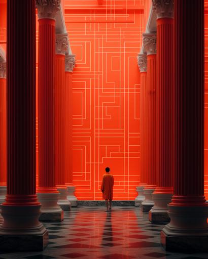 neon etruscan motif pattern walls and corrugated roman grand pillars inside a royal palace in rome by Alex Strohl, minimal male figures --ar 4:5 --stylize 150 --v 5.2