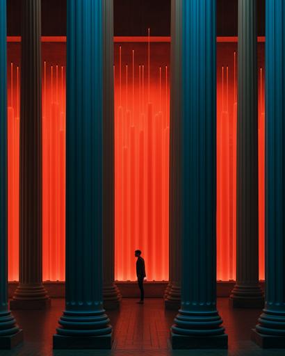 neon etruscan motif pattern walls and corrugated roman grand pillars inside a royal palace in rome by Alex Strohl, minimal male figures --ar 4:5 --stylize 150 --v 5.2