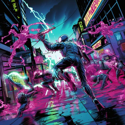 neon fluorescent skysrapers in a spider-man comic scene expolsive action