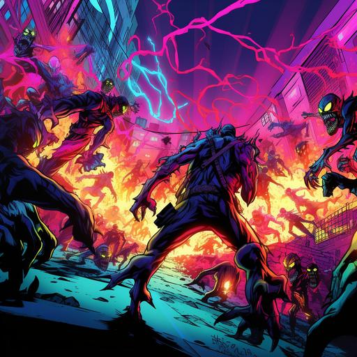 neon fluorescent skysrapers in a spider-man comic scene expolsive action
