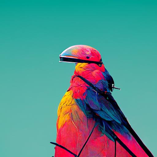 neon futuristic parrot perched on a wire in the city, 16:9