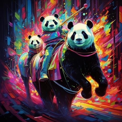 neon light pandas riding horses
