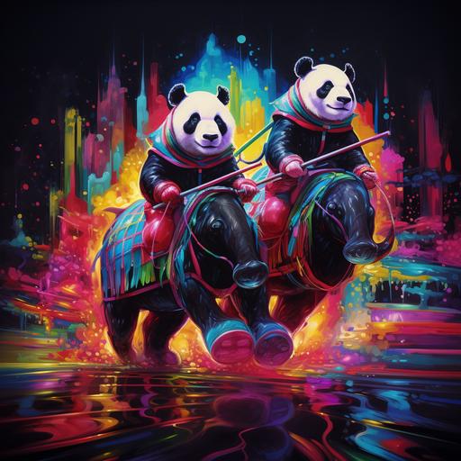 neon light pandas riding horses