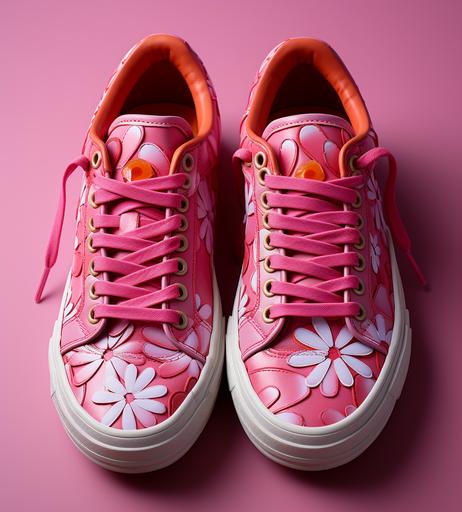 neon pink daisy fabric pattern as sneakers--tile --s 750 --ar 18:20