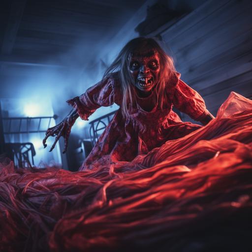 neon red poltergeist attacks from under the bed, stealing little children and grabbing them by the ankles, horror themes