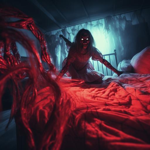 neon red poltergeist attacks from under the bed, stealing little children and grabbing them by the ankles, horror themes