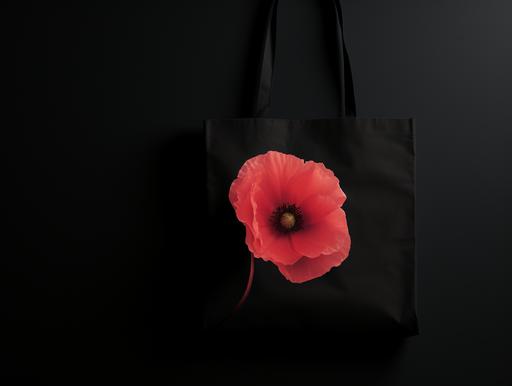 neon red poppies floral decoupage pattern on a black tote bag, in the style of Georgia O’Keeffe --style N6m9cB6Na8n7QQwwMCyzFRXq5BbeWCh3YpGdZM --s 750 --ar 16:12