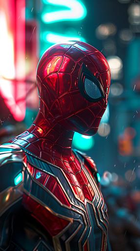neon spider-man costume, sci-fi, cyberpunk, marvel, close-up, highly detailed, hyper realistic, cinematic lighting, octane render, 4k, --ar 9:16 --v 6.0