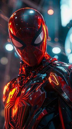 neon spider-man costume, sci-fi, cyberpunk, marvel, close-up, highly detailed, hyper realistic, cinematic lighting, octane render, 4k, --ar 9:16 --v 6.0
