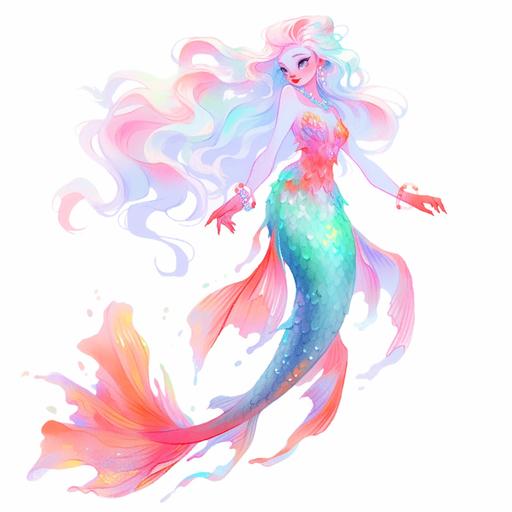 neon victorian mermaid, pastels, watercolor sketch isolated on white background --niji 5