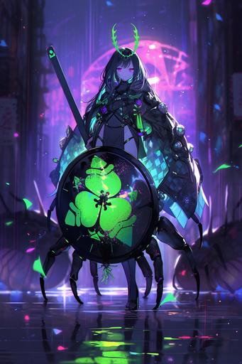 neon victorian spider knight, long black hair, knight of the neon queen, sword and shield, simple bokeh background --ar 2:3 --niji 5 --q 5
