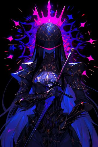 neon victorian spider knight, long black hair, knight of the neon queen, sword and shield, simple bokeh background --ar 2:3 --niji 5 --q 5