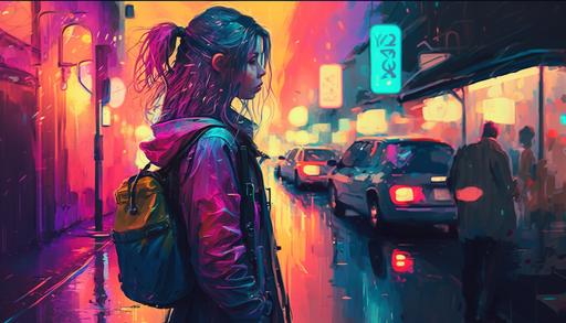 neon watercolor::2 young girl age 16 is danceing with a robot, location votorian lodon street, anime art style, detaild, 4k --ar 16:9