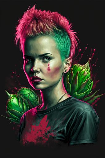 neonpunk woman by Loish and Jamie Hewlett, black leather jacket, high definition, cinematic effect, realistic photography, red lipstick :: a t-shirt with a radish picture on it --v 4 --q 2 --ar 2:3