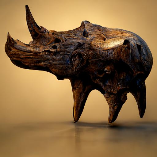 wooden sculpture of rhino skull, redwood shiny, 3d render, 4k