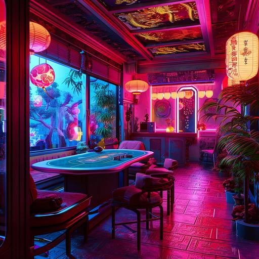 Bento new asain themed casino room interiors, in the style of vaporwave, hyper-detailed, hatecore, seapunk, visionary otherworldly --v 6.0