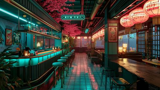 Bento new asain themed restaurant interior, in the style of vaporwave, hyper-detailed, hatecore, cyberpunk, visionary otherworldly --v 6.0 --ar 16:9