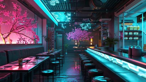 Bento new asain themed restaurant interior, in the style of vaporwave, hyper-detailed, hatecore, cyberpunk, visionary otherworldly --v 6.0 --ar 16:9