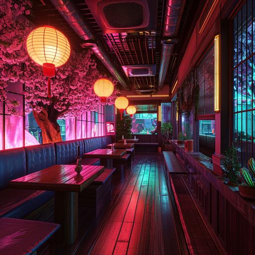 Bento new asain themed resturaunt interior, in the style of vaporwave, hyper-detailed, hatecore, seapunk, visionary otherworldly --v 6.0