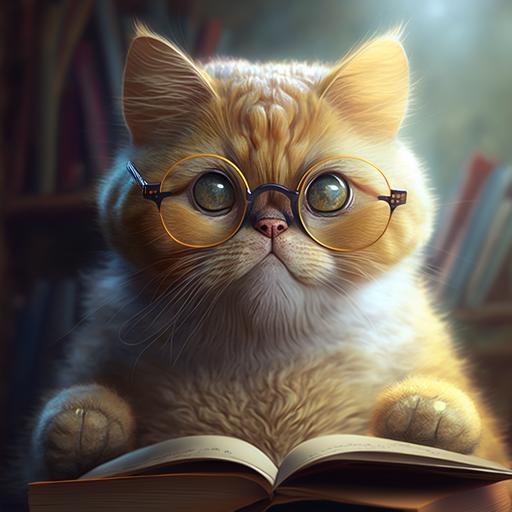 nerd cat with glasses reading book , yellow cat ,8k ,realstic, cute.