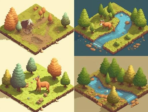 nerdy comic without text about forest animals, landscape, video game, isometric, pixel art, 4 frames --ar 4:3 --v 5