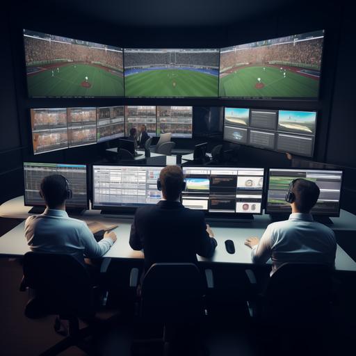 4x4 multi-view television monitors displaying soccer and baseball with an audio video seating console, 6 computer screens mounted on the desk, clearly visible 5.1 surround sound speakers, two diverse people monitoring the screens in the first row, two diverse people monitoring the screens in the second row , ultra-realistic , high res