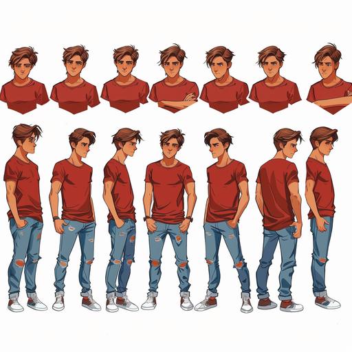 teenager boy, brown hair, skinny, ,marble illustration comic style, multiple expressions and poses, character sheet, red shirt, blue jeans –16:9