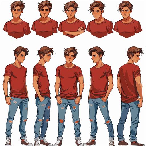 teenager boy, brown hair, skinny, ,marble illustration comic style, multiple expressions and poses, character sheet, red shirt, blue jeans –16:9