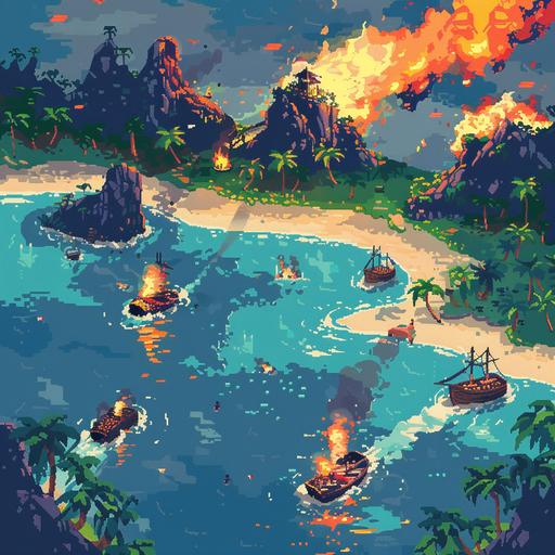 styled map from a video game with players leaving an island in a boat with their island on fire, heading for safer shores on a distant island over the horizon, some people on the island, some in boats, some off in the distance well on their way