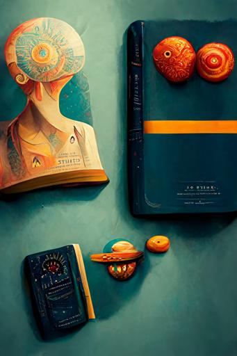 neuromarketing for hotels book cover, a smiling young man, a stylized brain, a hotel bell, a travel bag, dark blue background :: detailed :: grafic art :: realistic :: marketing —ar 4:6