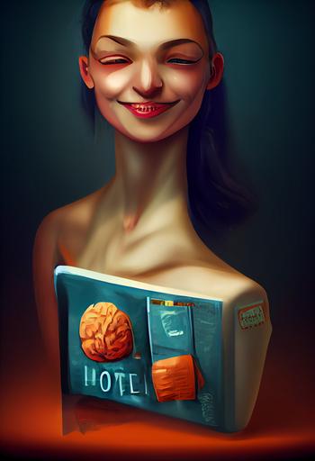 neuromarketing for hotels book cover, a smiling young woman, a stylized brain, a hotel bell, a travel bag, dark blue background :: detailed :: grafic art :: realistic :: marketing —ar 4:6 --upbeta