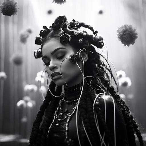 neuron flowers surrounding a beautiful Indian woman with long braided hair punk style, the woman has headphones on, goth punk style, liquid chrome bubbles Dutch wide Angle camera, kodak 100tmax pro