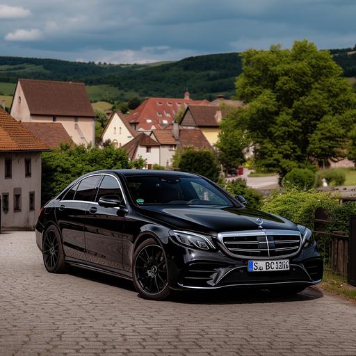 new black Mercedes w223 without license plates, Breisach Germany in background, photo realistiс, Canon EOS 6, 100.0mm, ISO 100, Shutter speed 0.008s --v 5.0