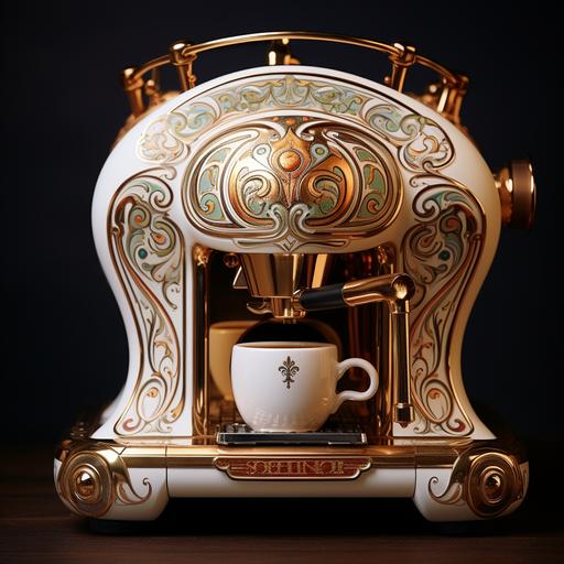 new design espresso coffee machine art nouveau, barocco, maserati, alfa romeo. alphonse mucha, rembrandt, ryan church