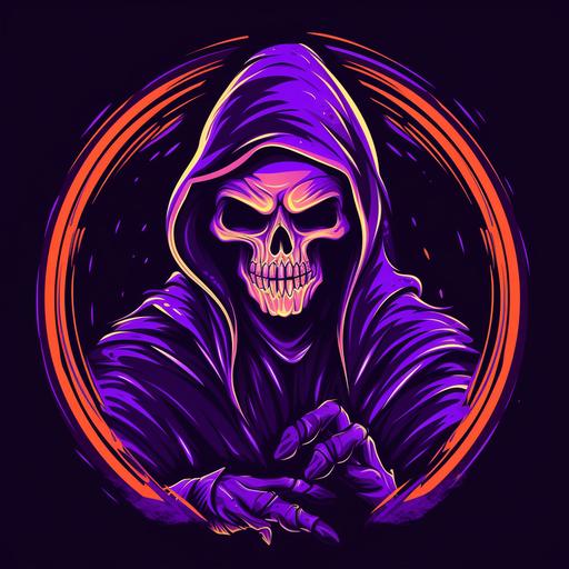 new school grim reaper, vector logo, hd logo, simple 2d, neon purple, neon orange, bright highlights