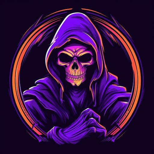 new school grim reaper, vector logo, hd logo, simple 2d, neon purple, neon orange, bright highlights