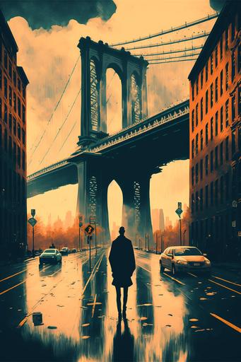 , new york city, brooklyn bridge, landmarks, sunset and raining::4, vintage travel post::2, graphic style::1.5, pastel colours, wallpaper, retro, 1990s style, 8K, HDR, no people, very detailed, in the style of Joseph Binder::4, no people, landscape, panorama, moody theme --ar 2:3 --no text --no face --q 2 --s 250