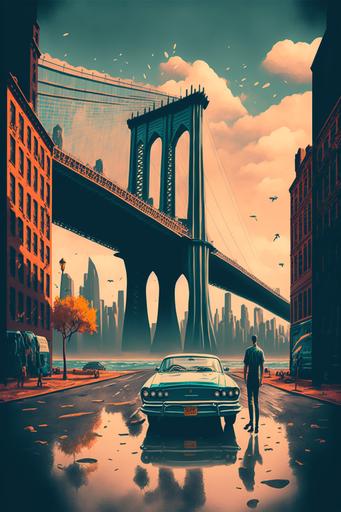 , new york city, brooklyn bridge, landmarks, sunset and raining::4, vintage travel post::2, graphic style::1.5, pastel colours, wallpaper, retro, 1990s style, 8K, HDR, no people, very detailed, in the style of Joseph Binder::4, no people, landscape, panorama, moody theme, only cars --ar 2:3 --no text --no face --q 2 --s 250