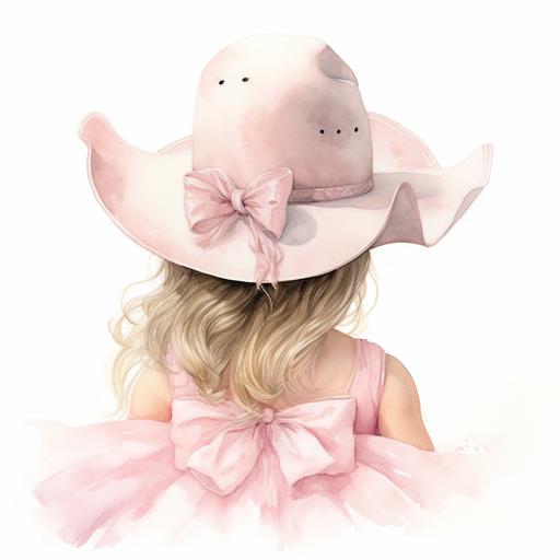 newborn baby girl cowgirl, watercolor, white background image, pale pink tutu, pale pink cowgirl hat, pale pink ribbon, back view