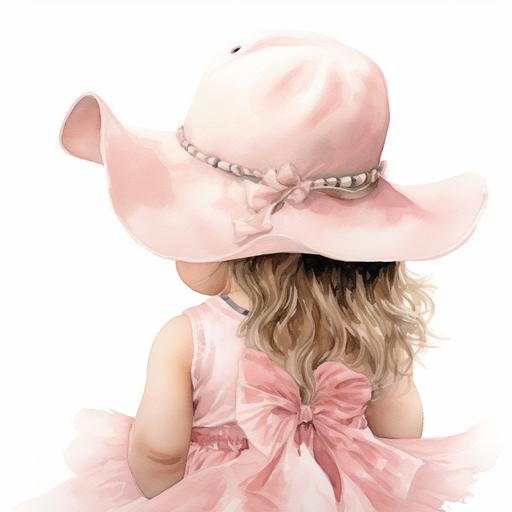 newborn baby girl cowgirl, watercolor, white background image, pale pink tutu, pale pink cowgirl hat, pale pink ribbon, back view