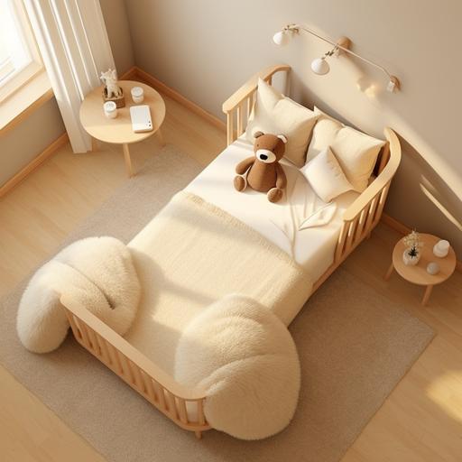 newborn bed, minimal, wood bed in child room, beige carpet, ultrarealistic, viev from top