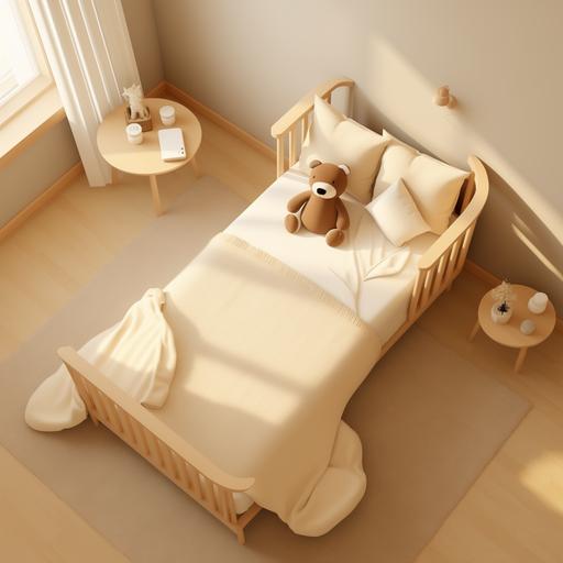 newborn bed, minimal, wood bed in child room, beige carpet, ultrarealistic, viev from top