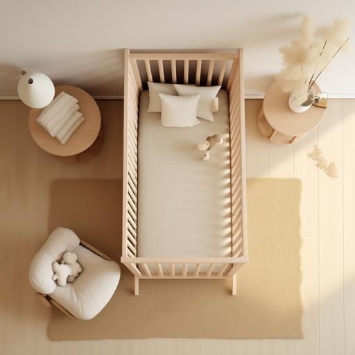 newborn bed, minimal, wood bed in newborn room, beige carpet, ultrarealistic, viev from top