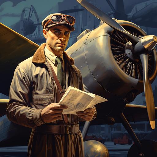 newspaper cartoon illustration / cartoon male character / airplane pilot / standing next to an airplane / 1930s and 1940s / highly detailed / dynamic / dramatic chiaroscuro /