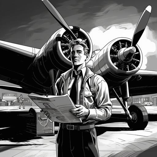 newspaper cartoon illustration / cartoon male character / airplane pilot / standing next to an airplane / 1930s and 1940s / highly detailed / dynamic / dramatic chiaroscuro /