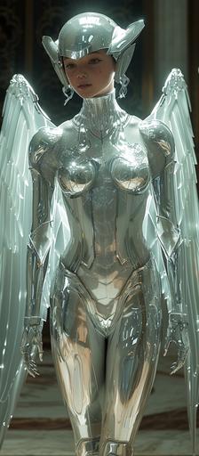 Png image, a beautiful mecha-goddess is standing in the giant crystal cave with her wings, in the style of metallic mercury rotation, in the style of evangelion, animated action, rangercore, rtx on, anime-inspired characters, birds-eye-view, iconic, pixar --style raw --s 999 --c 8 --v 6.0 --ar 45:103