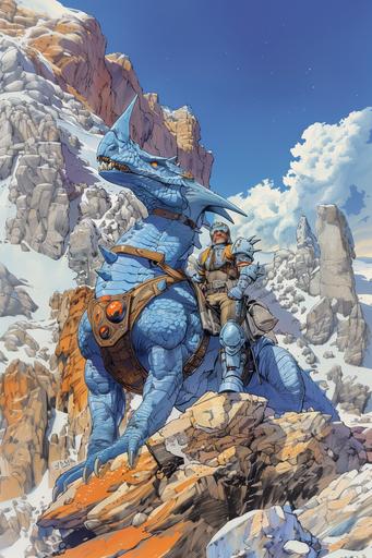 a 1990´s anime style comic cover art illustration of a blue dragon rider, by Katsuya Terada, Moebius, Juan Gimenez, Frank Miller, Kelimutu wild style, infinity mirror reflection image, sharp focus, , full body shot, gems and minerals gothic lines, pastel colors, high resolution, 32k --chaos 11 --ar 2:3 --s 200 --v 6.0